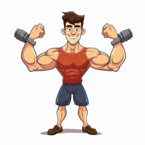 Cartoon man lifting a dumbbell, highlighting strength and fitness. Doing best bicep workout.