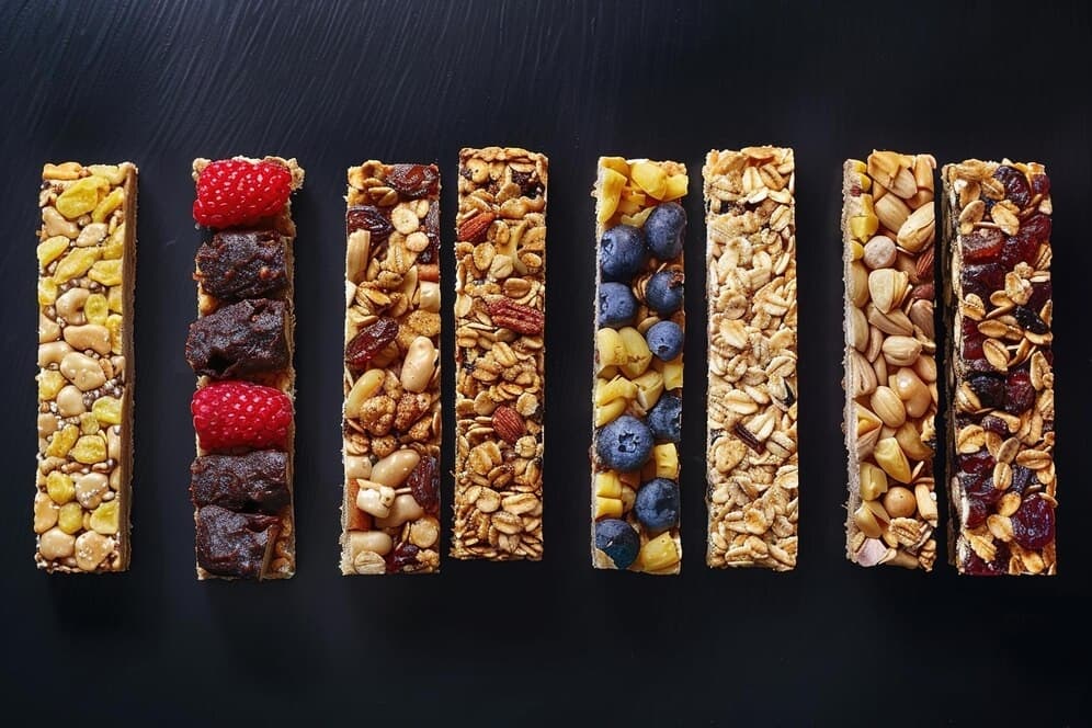 Different types colors granola bars lined-up black background.