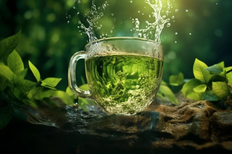 A glass cup filled with green tea, with water splashing around it, creating a dynamic and refreshing visual effect.