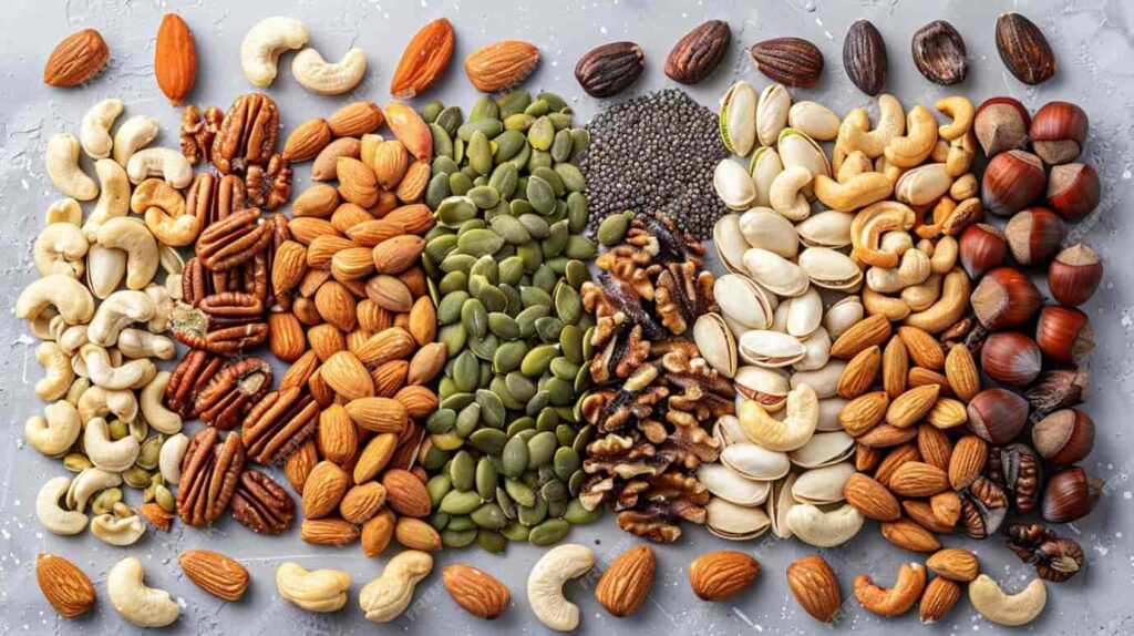 Nuts including almonds macadamia nuts cashews walnuts pumpkin seeds background.