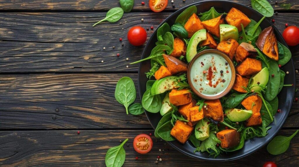 Baked sweet potatoes avocado spinach tomatoes with tahini sauce wooden table. A strong natural pre-workout.