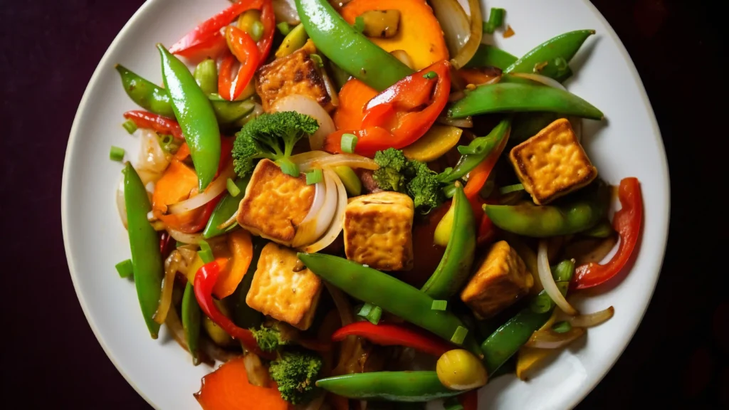 cooked mix vegetable of Tofu, Tempeh, and Edamame.