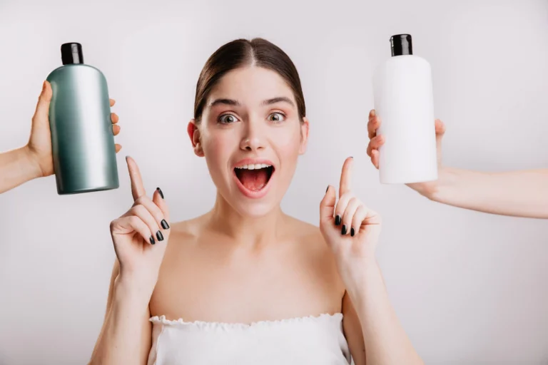 A lady showing best shampoo for hair fall.