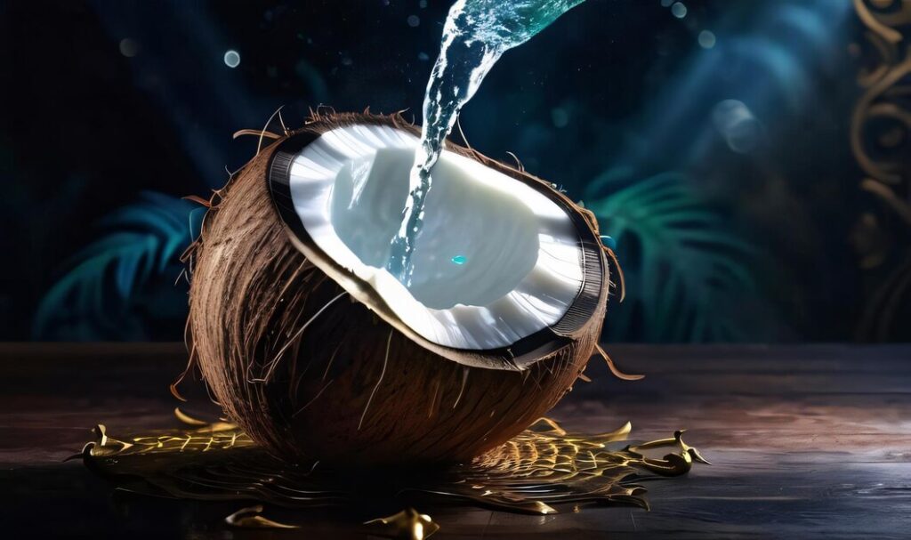 Enchanted coconut water ultra detailed hyperrealism epic baroque opulent