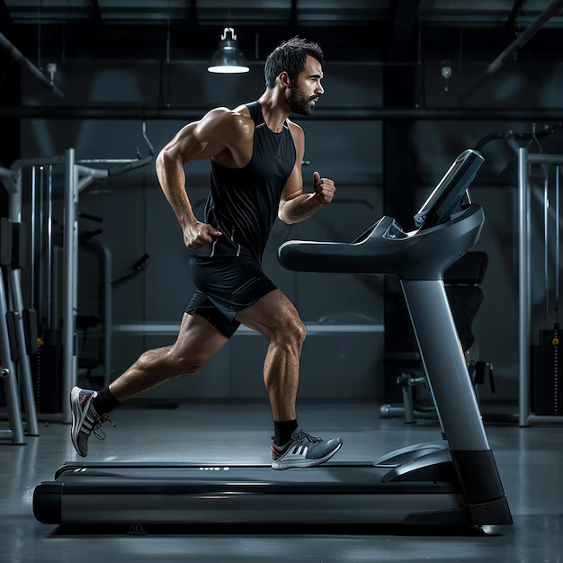 A man running on a treadmill in a modern gym, focused on his workout.