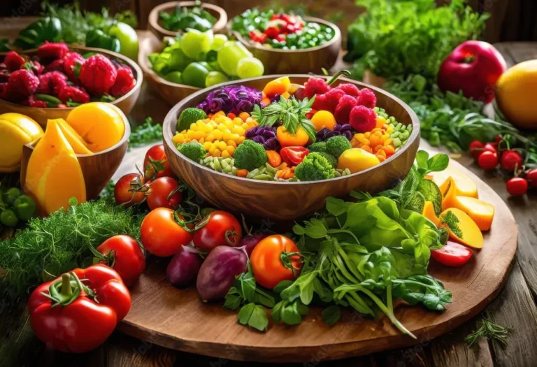 An assortment of fresh fruits and vegetables displayed in bowls atop a wooden table, highlighting their natural beauty and freshness, plant-based diet.