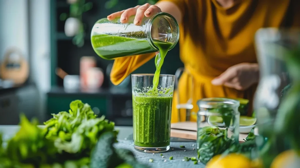 Pouring healthy green smoothie from glass jar into glass. A juicy natural pre-workout.