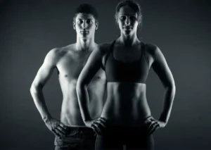 A man and woman stand together against a solid black background, showcasing their confident posture and expressions.