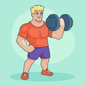 A cartoon character is depicted lifting a dumbbell, emphasizing fitness and enthusiasm in a colorful illustration.