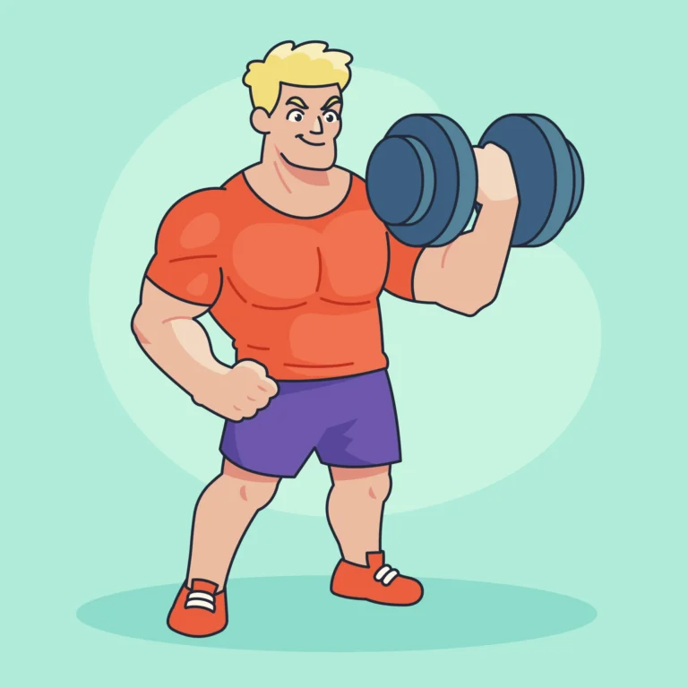 A cartoon character is depicted lifting a dumbbell, emphasizing fitness and enthusiasm in a colorful illustration.