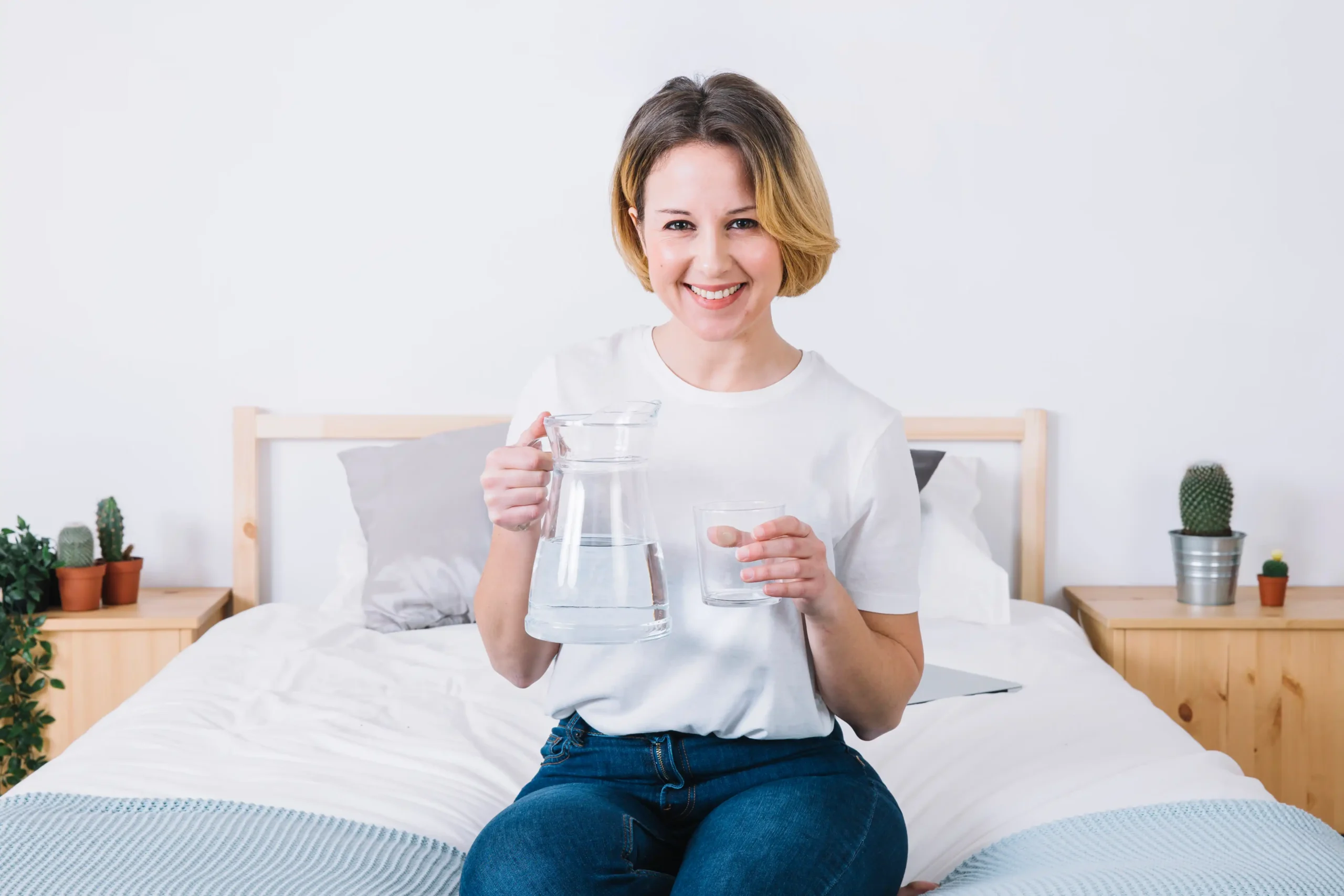 Woman with water soft bed.