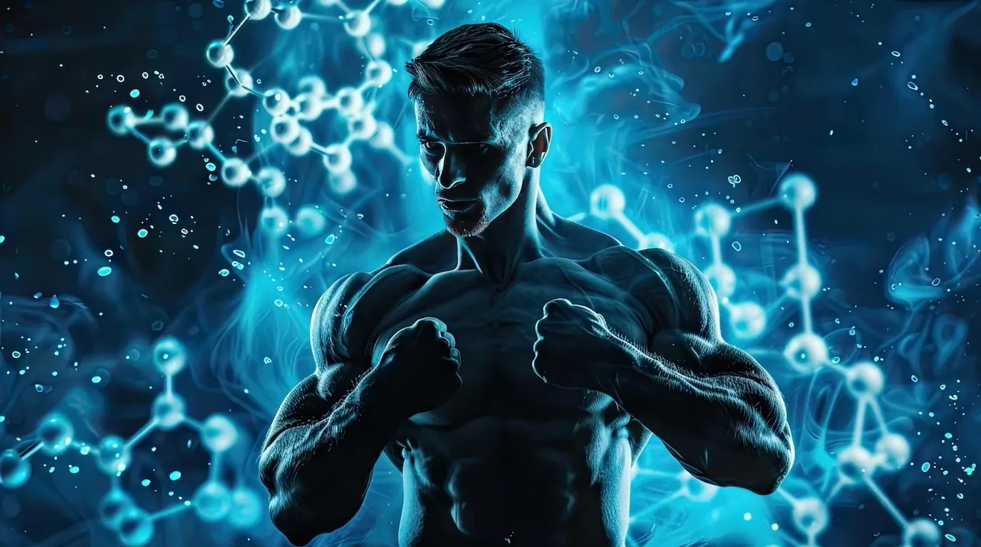 A muscular man with well-defined muscles is set against a bold blue background, emphasizing his strength and fitness.